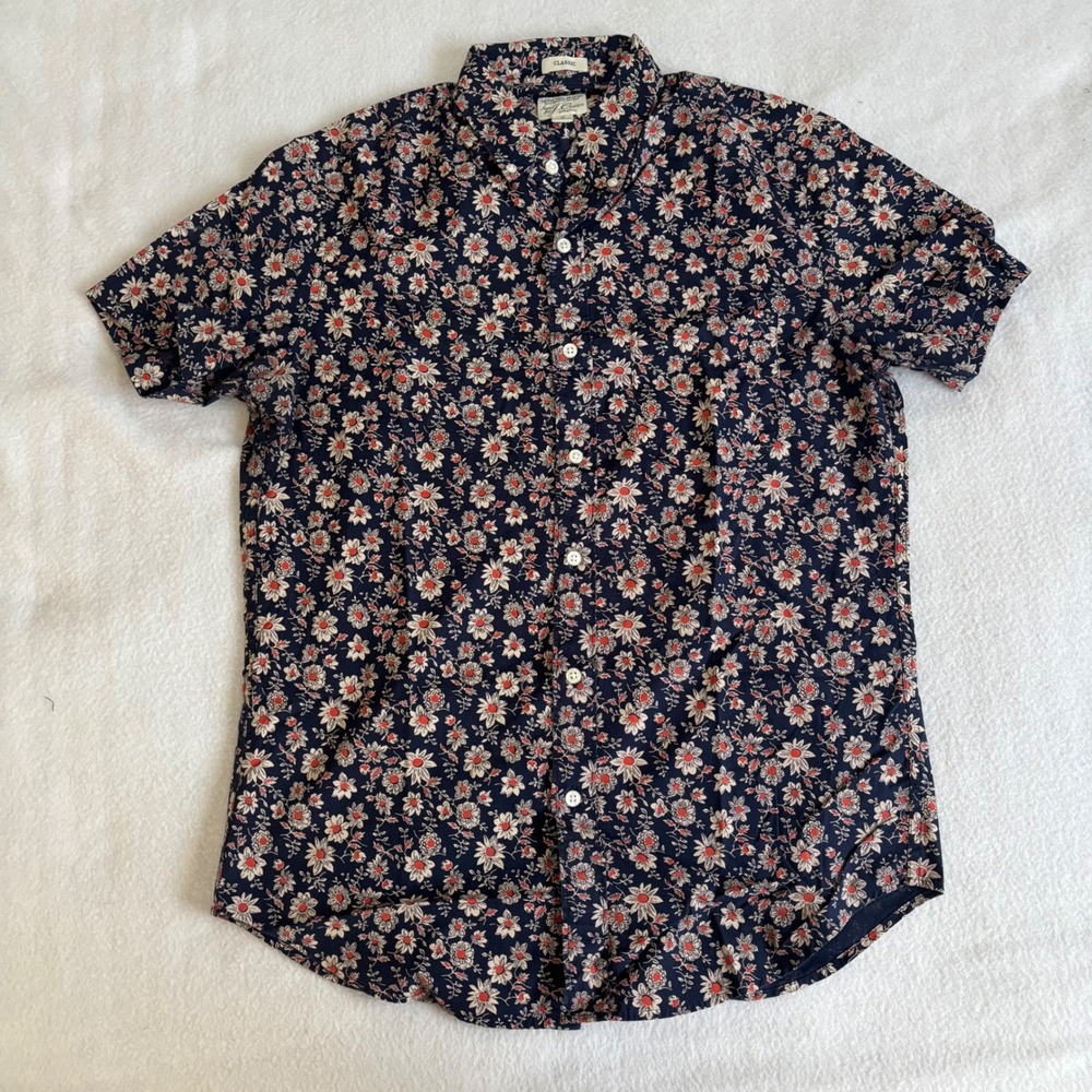 J.Crew Mens Secret Wash Short Sleeve Floral Button Down Shirt Navy Small Classic